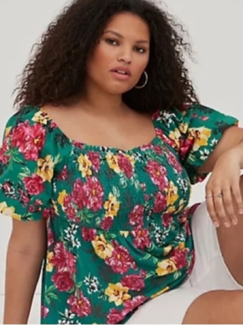 torrid Green Floral Smocked Puff-Sleeve plus size Top in size 1X